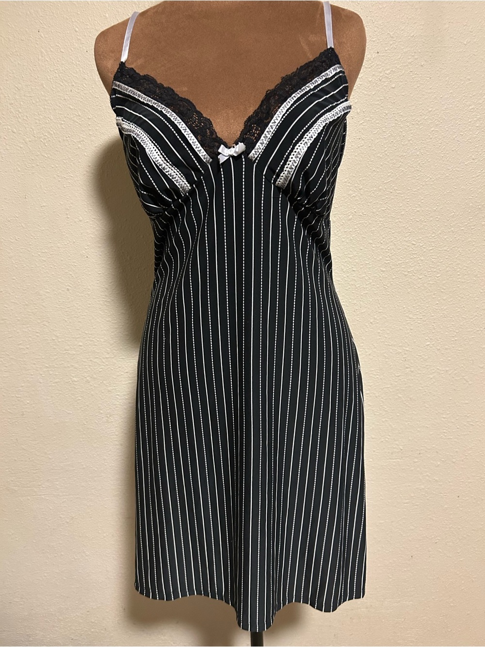 Linea Donatelli Black Pinstripe Lace Trim Slip Dress